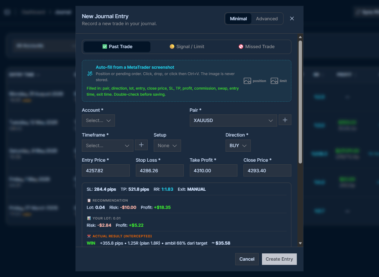 Form New Journal Entry LOGTRADE dengan pair XAUUSD, arah BUY, entry 4257,82, stop loss 4286,26, take profit 4310,00, dan close price 4293,40 sudah terisi.